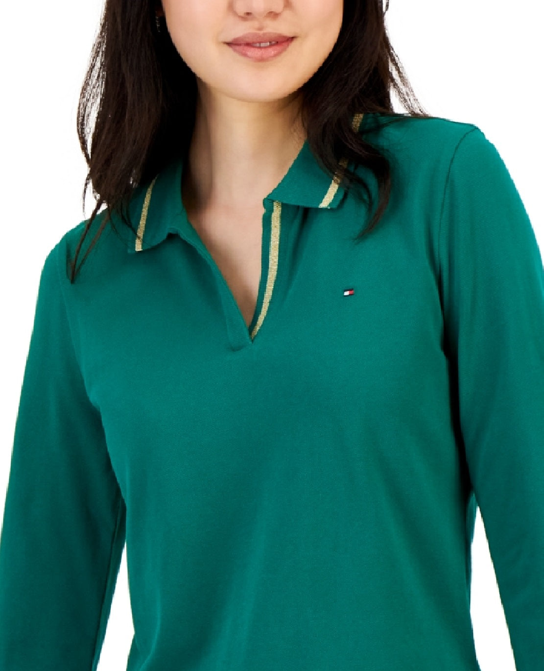 Tommy Hilfiger Women's Striped Johnny Collar 3/4 Sleeve Polo Top Green