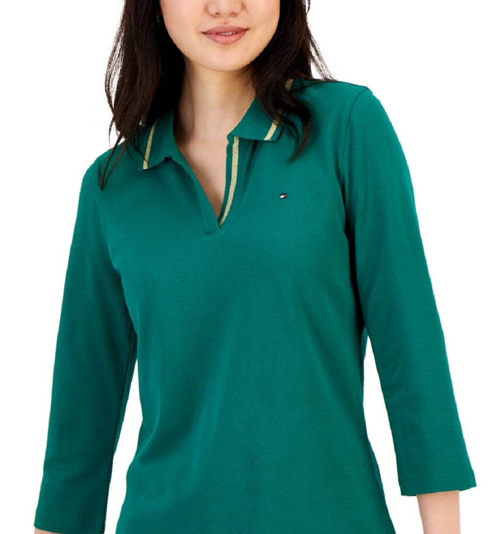 Tommy Hilfiger Women's Striped Johnny Collar 3/4 Sleeve Polo Top Green