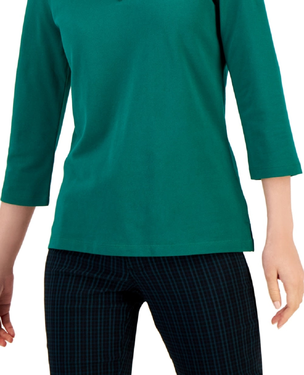 Tommy Hilfiger Women's Striped Johnny Collar 3/4 Sleeve Polo Top Green