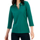 Tommy Hilfiger Women's Striped Johnny Collar 3/4 Sleeve Polo Top Green