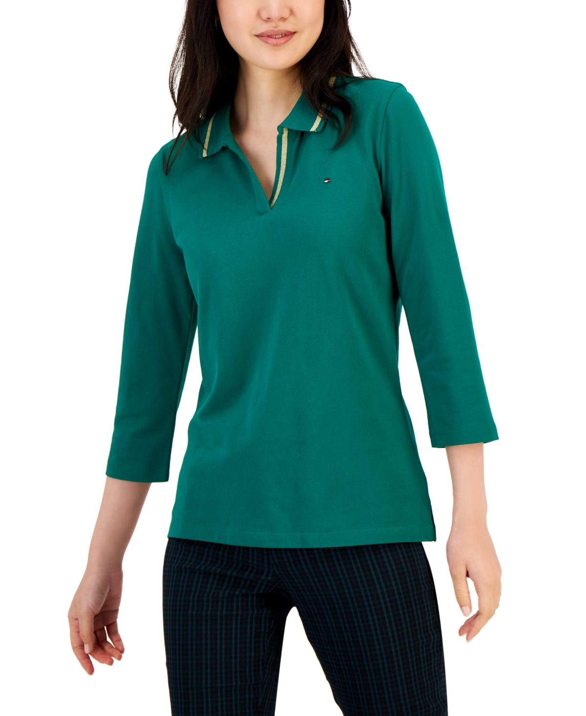 Tommy Hilfiger Women's Striped Johnny Collar 3/4 Sleeve Polo Top Green