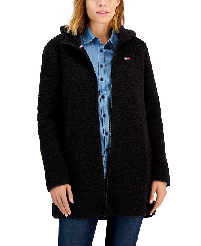 Tommy Hilfiger Women's Hooded Fleece Zip Up Jacket Black Size Small