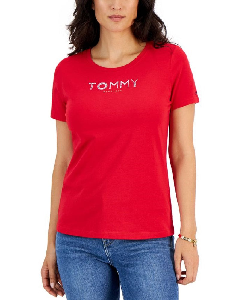 Tommy Hilfiger Women's Crew Neck Rhinestone Embellished T-Shirt Red Size X-Small