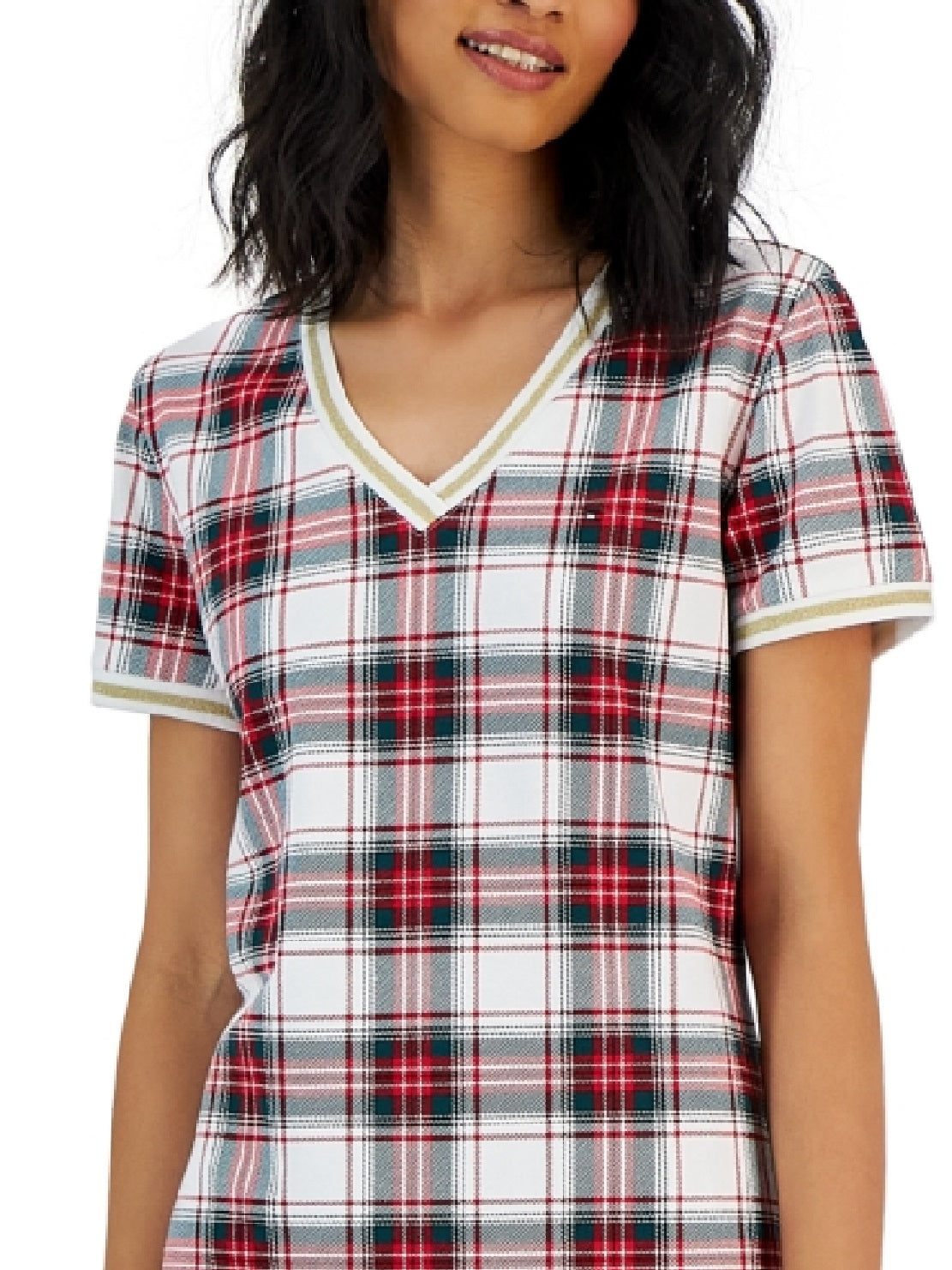 Tommy Hilfiger Women's Plaid Metallic Trim V Neck Dress White