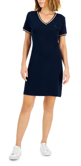 Tommy Hilfiger Women's Cotton V Neck Short Sleeve Dress Blue Size XX-Large