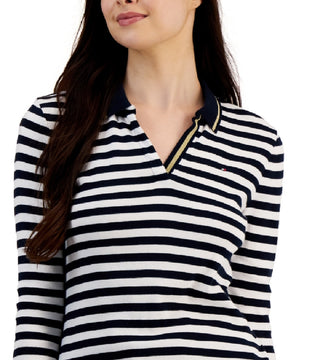 Tommy Hilfiger Women's Striped Cotton Johnny Collar Polo Top White