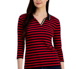 Tommy Hilfiger Women's Striped Cotton Johnny Collar Polo Top Red Size X-Small