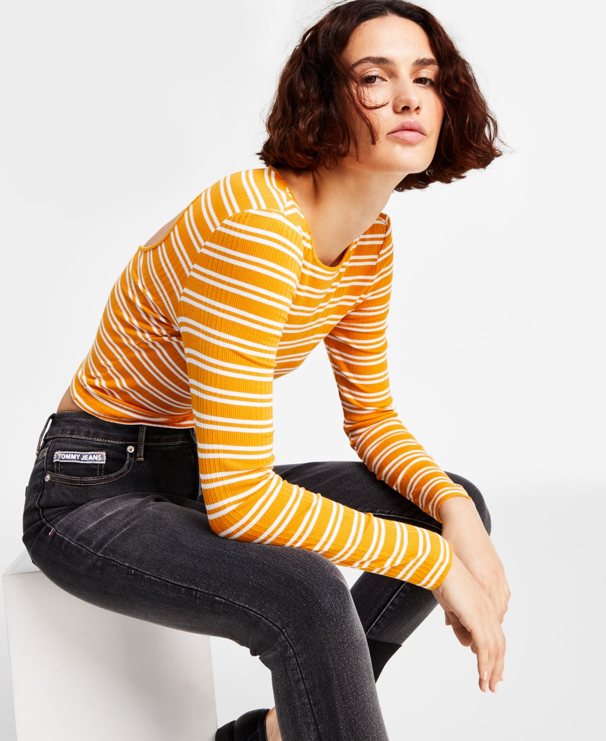 Tommy Jeans Women's Back Cutout Striped Ribbed Top Yellow Size Large