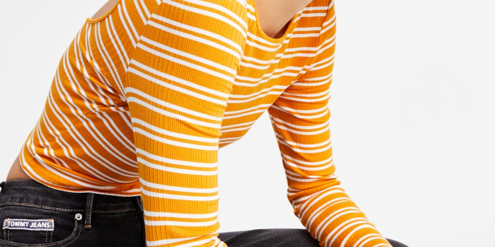 Tommy Jeans Women's Back Cutout Striped Ribbed Top Yellow Size Large