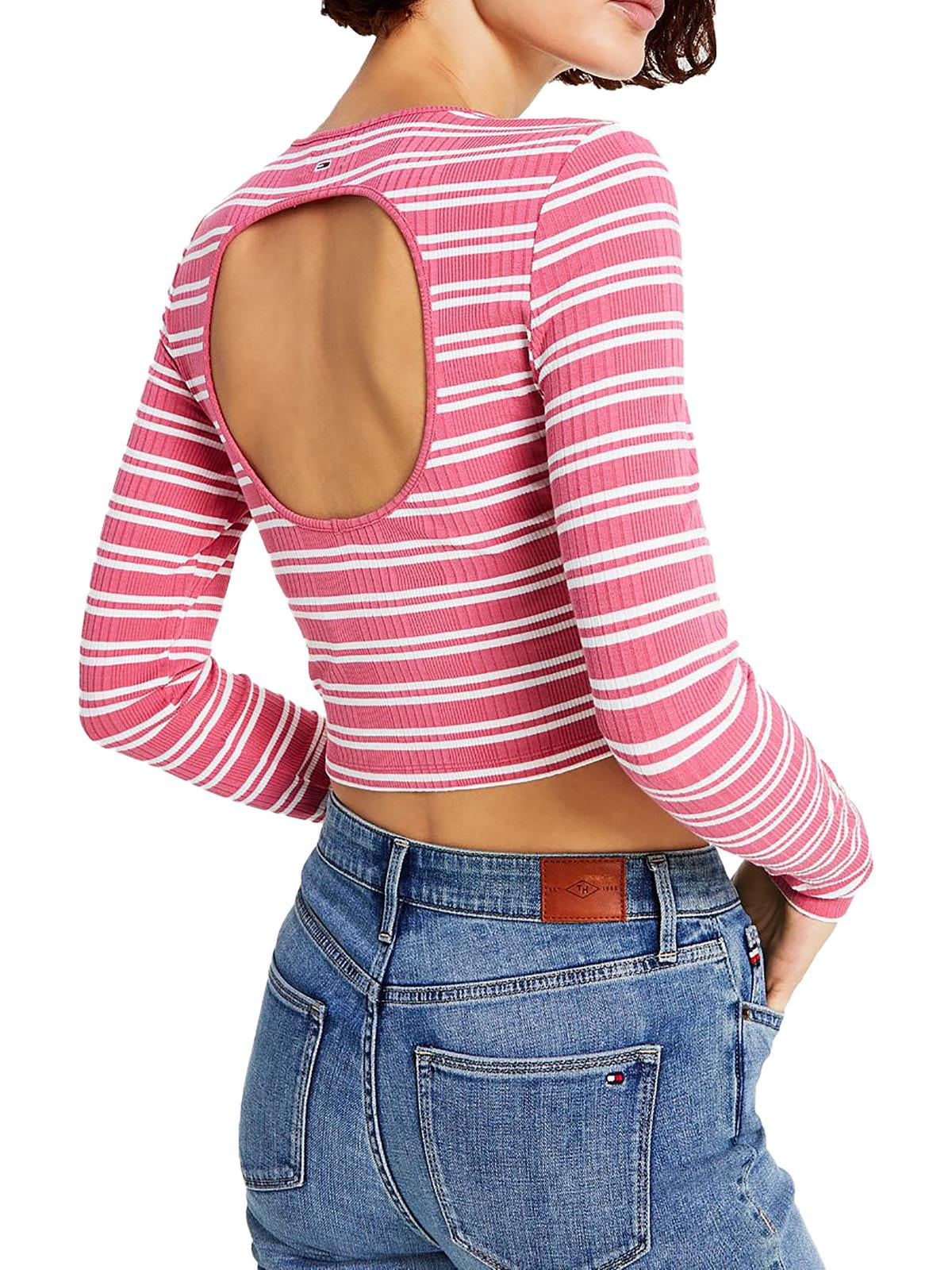 Tommy Jeans Women's Back Cutout Striped Ribbed Top Pink Size X-Large