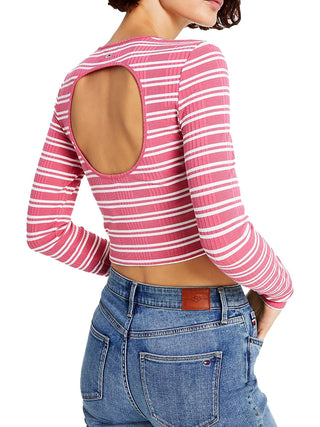 Tommy Jeans Women's Back Cutout Striped Ribbed Top Pink Size Large