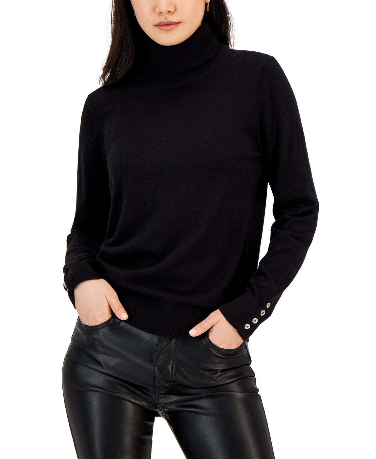 Tommy Hilfiger Women's Solid Buttoned Cuff Stella Sweater Black