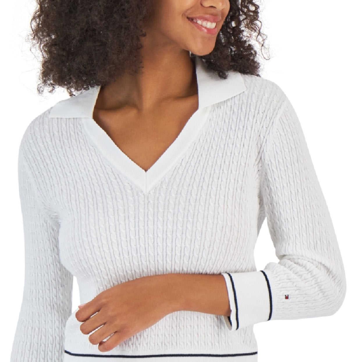 Tommy Hilfiger Women's Cotton Johnny Collar Cable Knit Sweater White Size X-Large