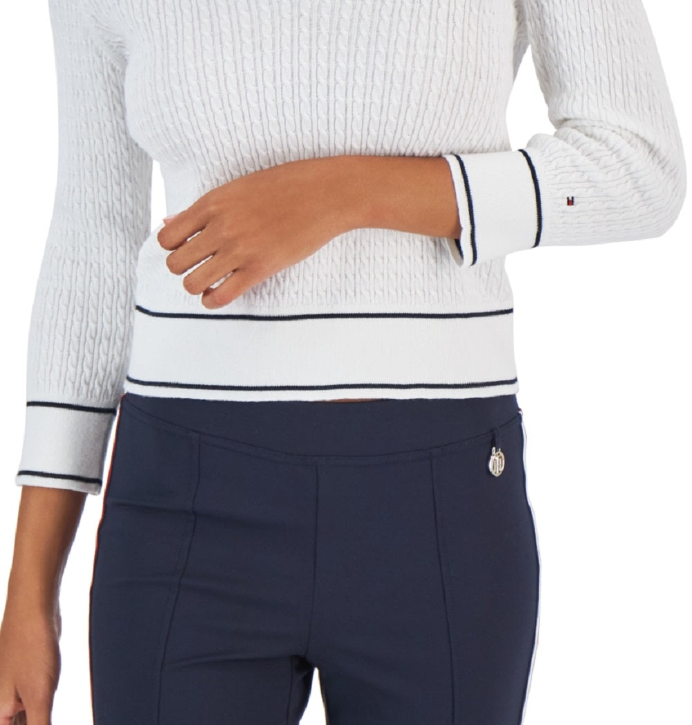 Tommy Hilfiger Women's Cotton Johnny Collar Cable Knit Sweater White Size X-Large