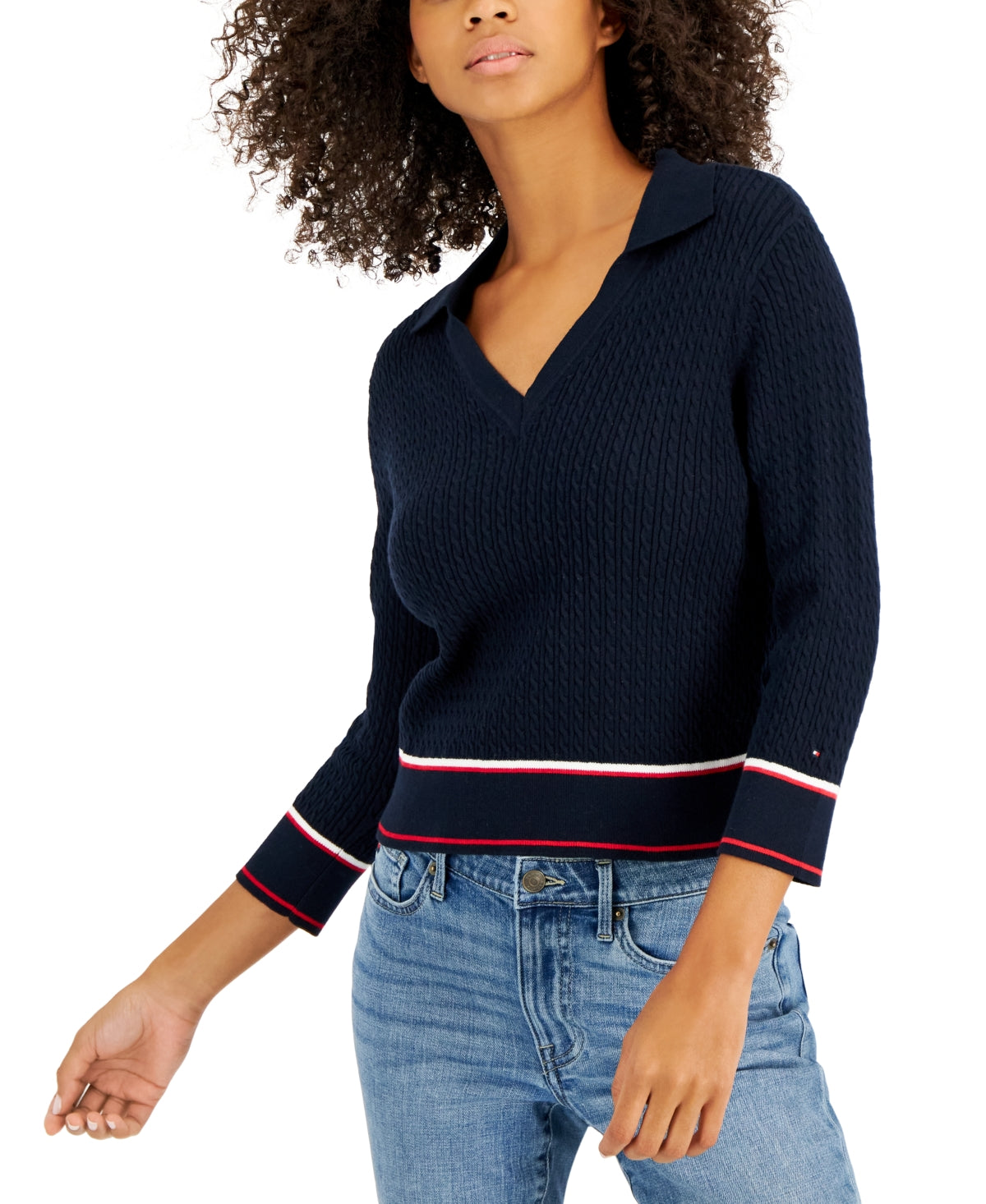 Tommy Hilfiger Women's Cotton Johnny Collar Cable Knit Sweater Blue Size X-Large