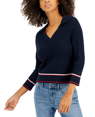 Tommy Hilfiger Women's Cotton Johnny Collar Cable Knit Sweater Blue Size X-Large