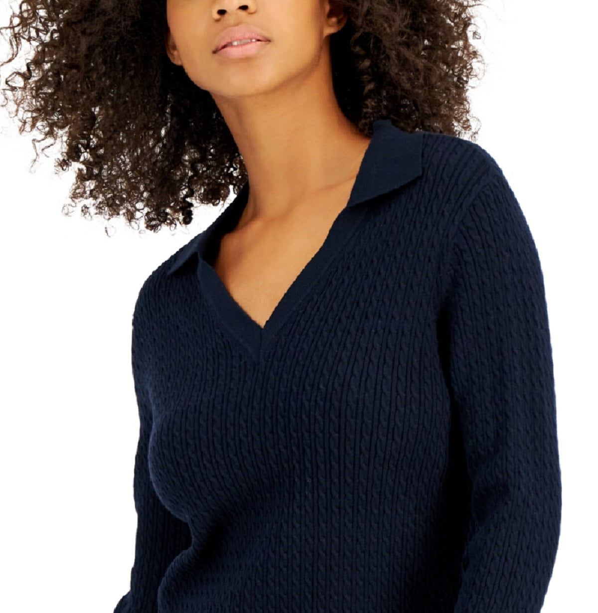 Tommy Hilfiger Women's Cotton Johnny Collar Cable Knit Sweater Blue Size X-Large