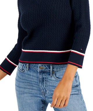 Tommy Hilfiger Women's Cotton Johnny Collar Cable Knit Sweater Blue Size X-Large
