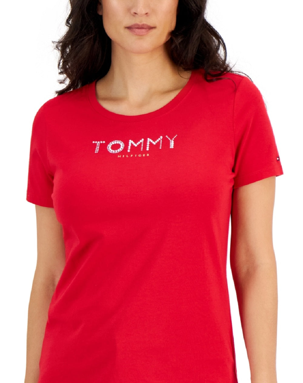 Tommy Hilfiger Women's Crew Neck Rhinestone Embellished T-Shirt Red Size X-Large