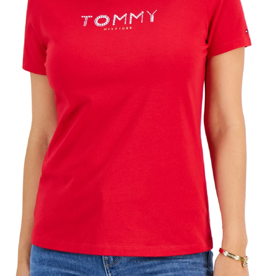 Tommy Hilfiger Women's Crew Neck Rhinestone Embellished T-Shirt Red Size X-Large