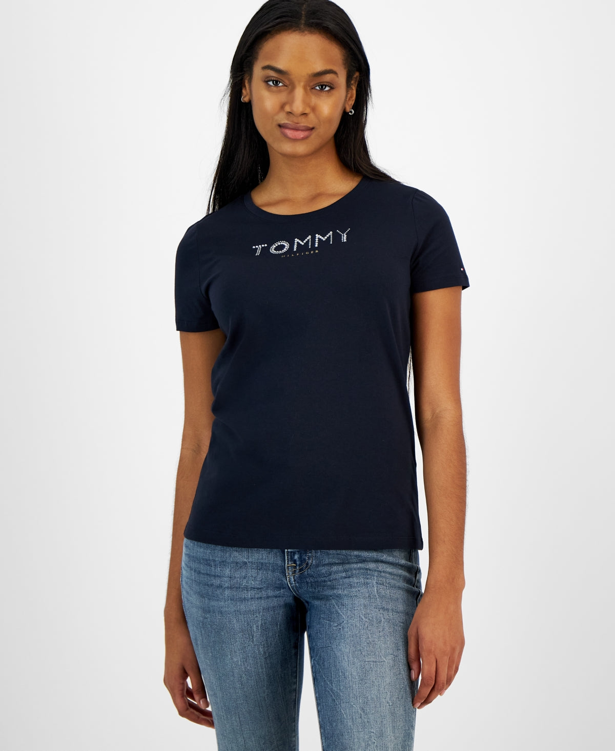 Tommy Hilfiger Women's Crew Neck Rhinestone Embellished T Shirt Navy