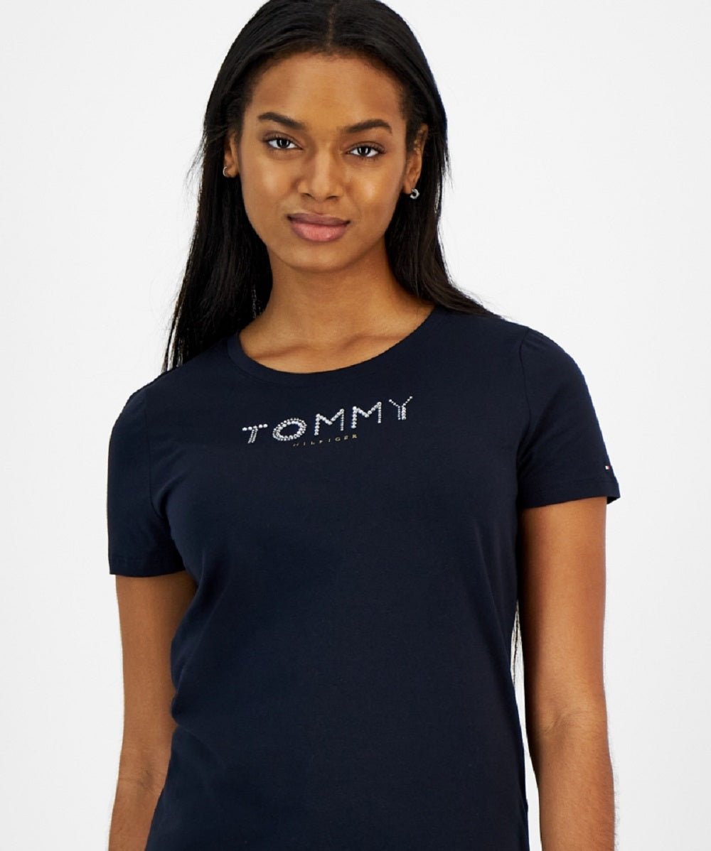 Tommy Hilfiger Women's Crew Neck Rhinestone Embellished T Shirt Navy