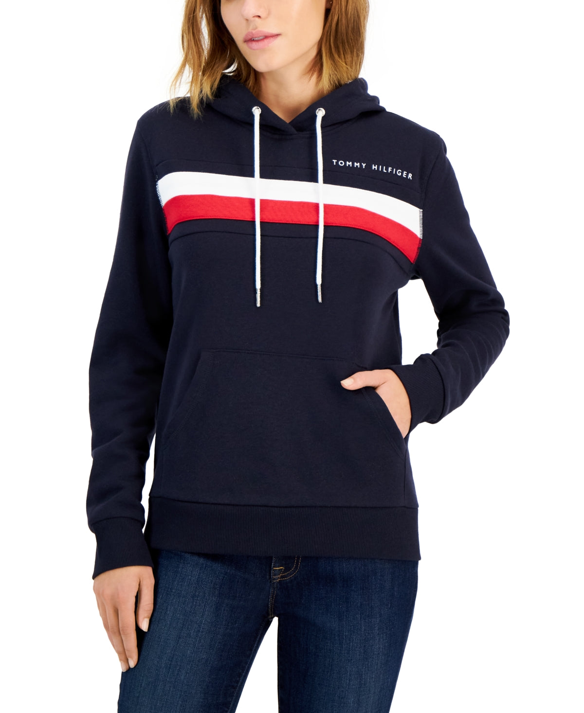 Tommy Hilfiger Women's Front Pocket Logo Pullover Hooded Sweatshirt Blue Size X-Large
