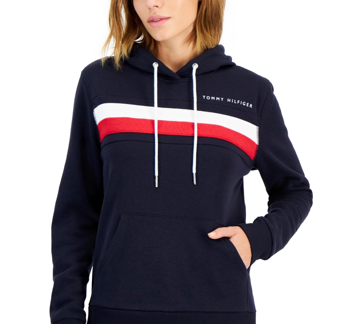 Tommy Hilfiger Women's Front Pocket Logo Pullover Hooded Sweatshirt Blue Size X-Large