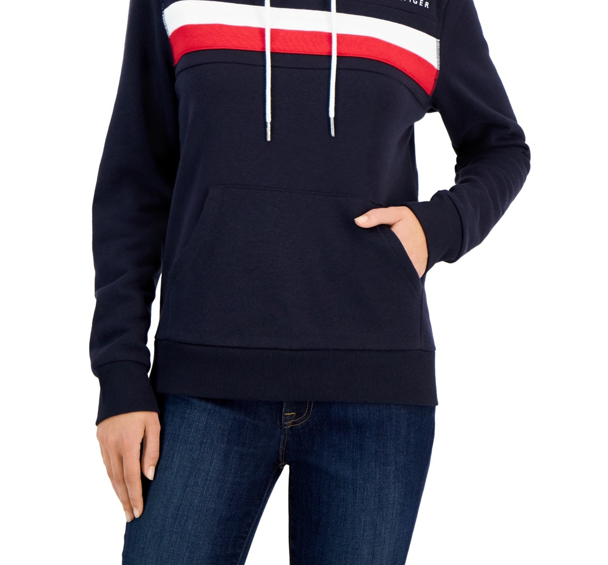 Tommy Hilfiger Women's Front Pocket Logo Pullover Hooded Sweatshirt Blue Size X-Large