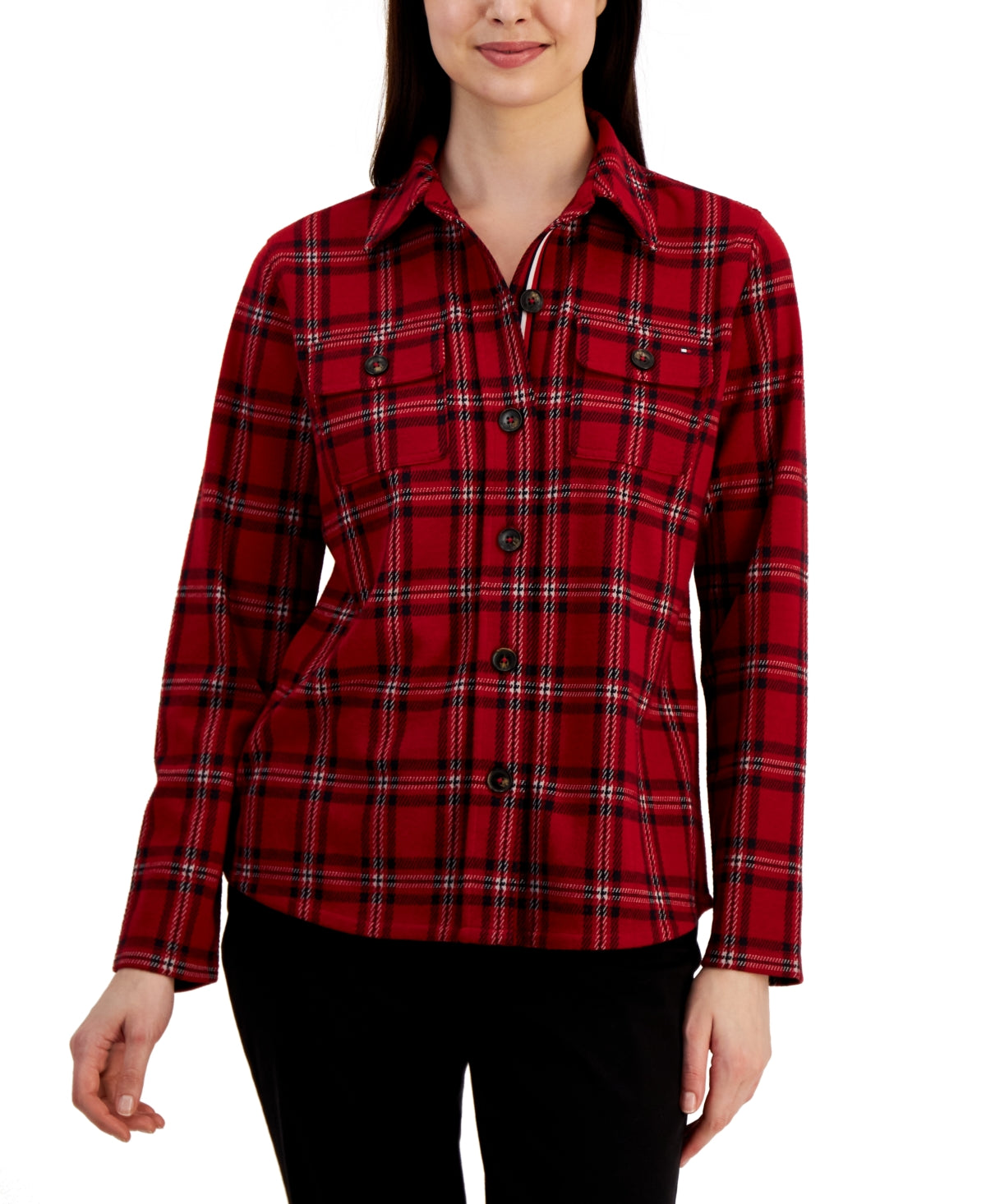 Tommy Hilfiger Women's Collared Plaid Shirt Jacket Red Size Medium