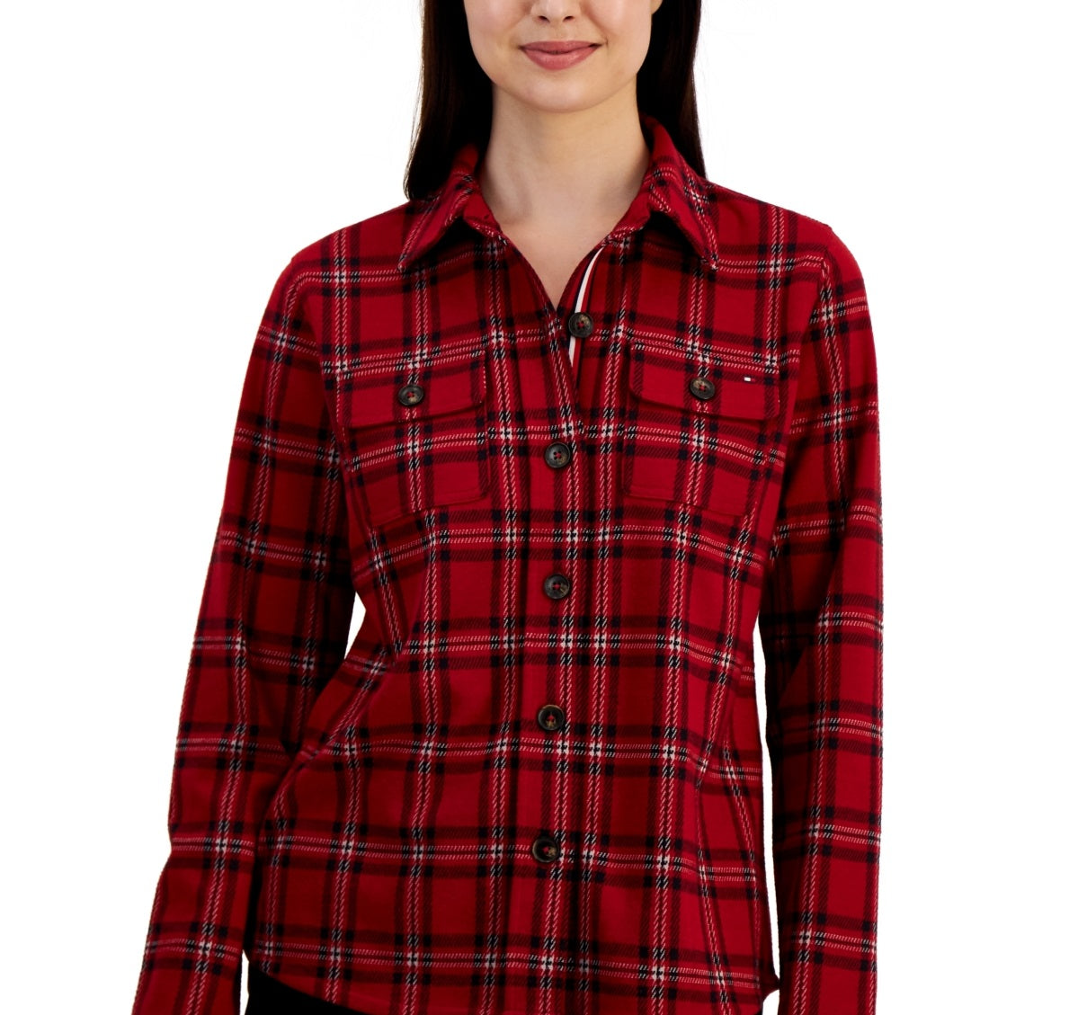 Tommy Hilfiger Women's Collared Plaid Shirt Jacket Red Size Medium