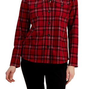 Tommy Hilfiger Women's Collared Plaid Shirt Jacket Red Size Medium