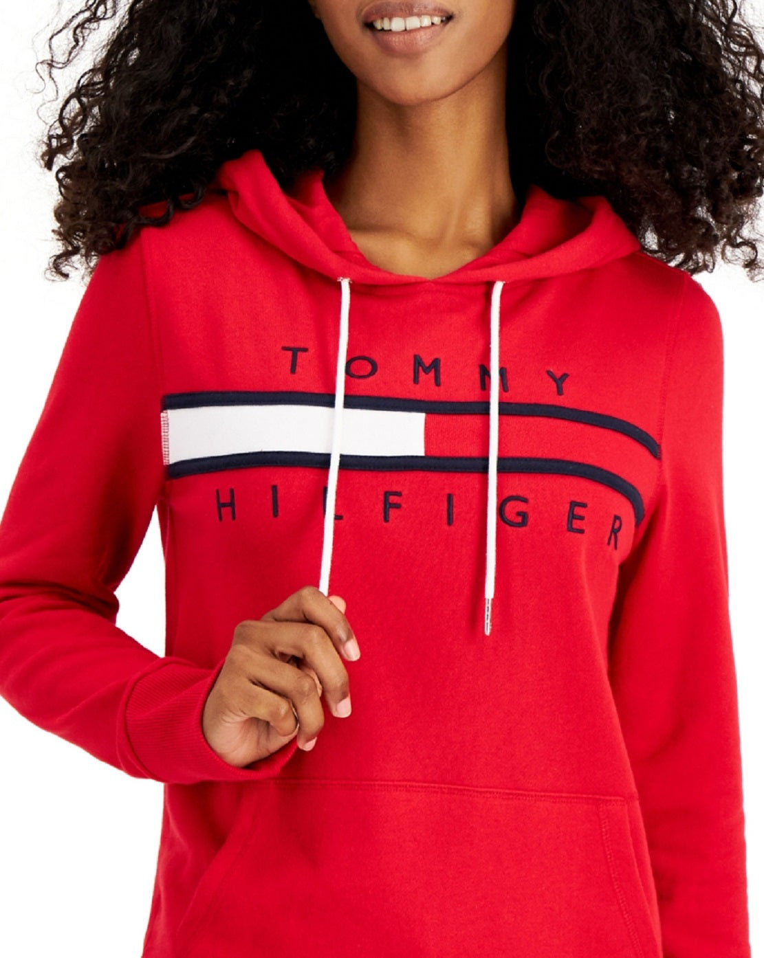 Tommy Hilfiger Women's Long Sleeve Front Pocket Logo Sweatshirt Red Size Large