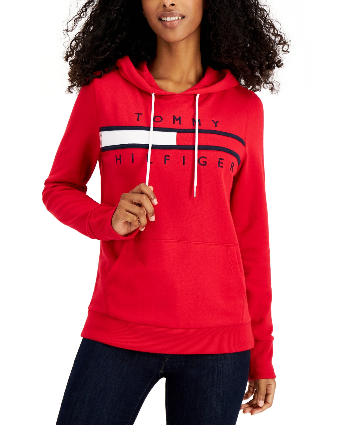 Tommy Hilfiger Women's Long Sleeve Front Pocket Logo Sweatshirt Red Size Large