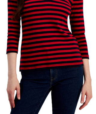 Tommy Hilfiger Women's Striped Cotton Johnny Collar Polo Top Red Size Large