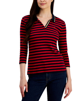 Tommy Hilfiger Women's Striped Cotton Johnny Collar Polo Top Red Size Large