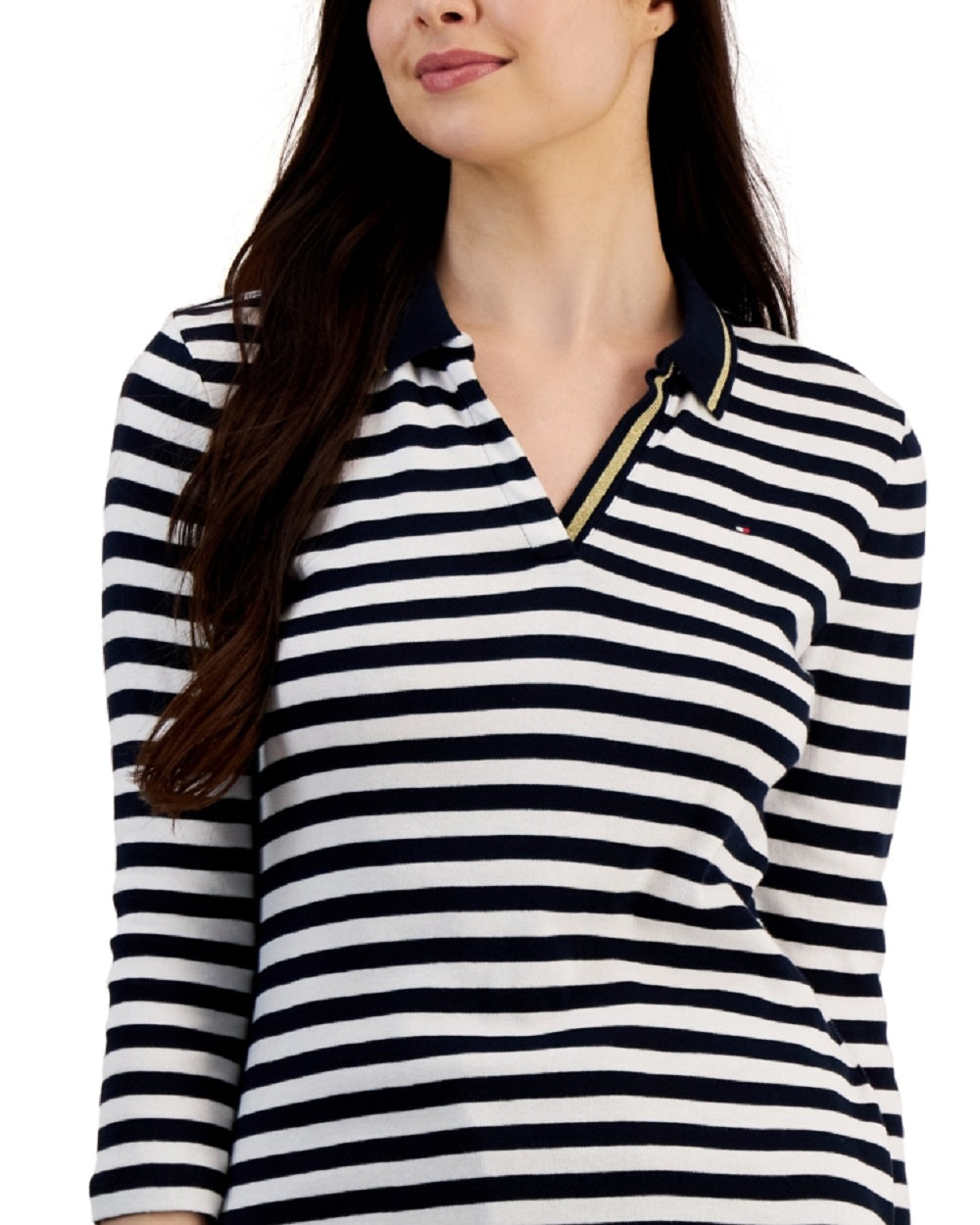 Tommy Hilfiger Women's Striped Cotton Johnny Collar Polo Top White