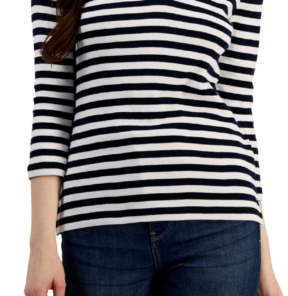 Tommy Hilfiger Women's Striped Cotton Johnny Collar Polo Top White