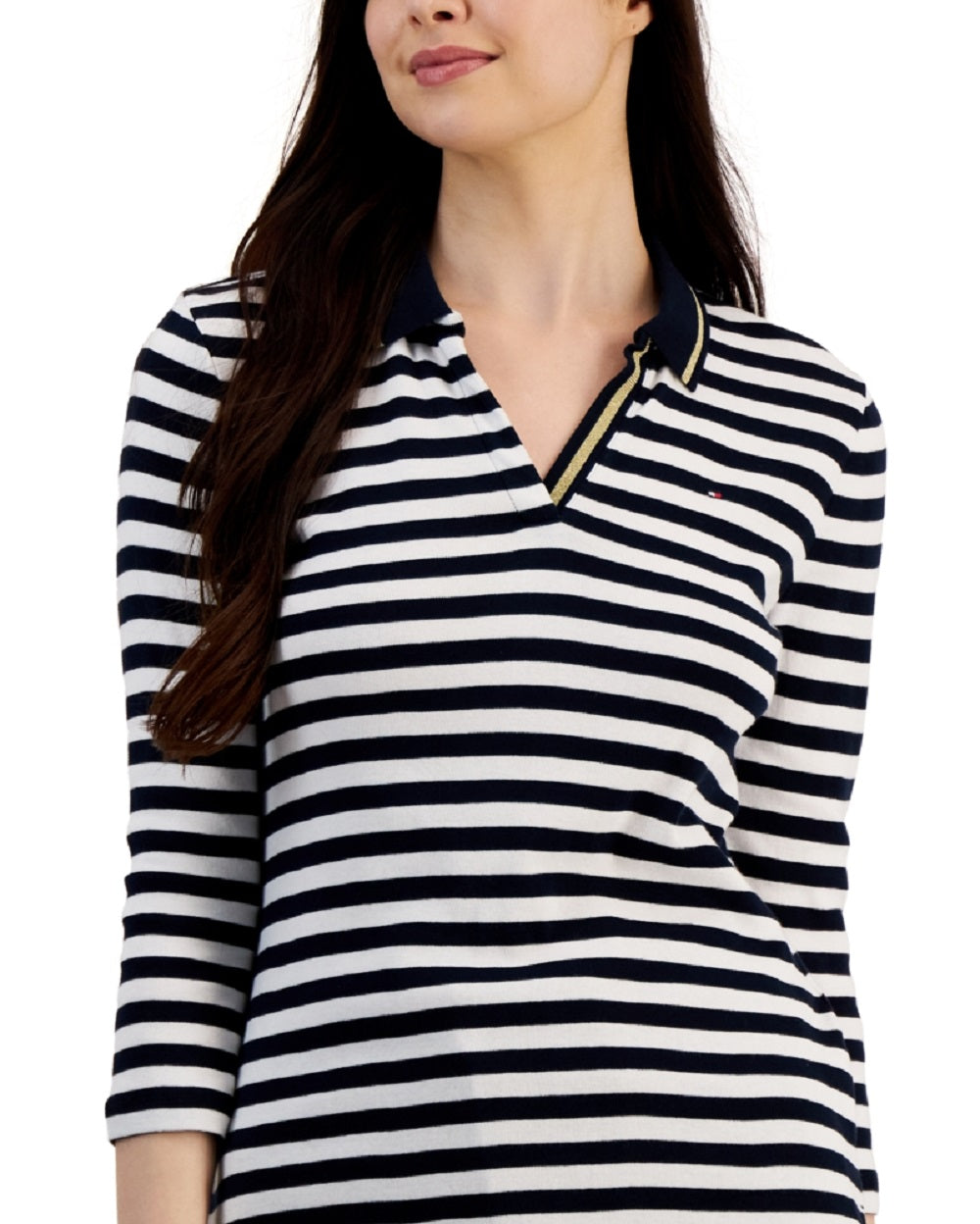 Tommy Hilfiger Women's Striped Cotton Johnny Collar Polo Top White