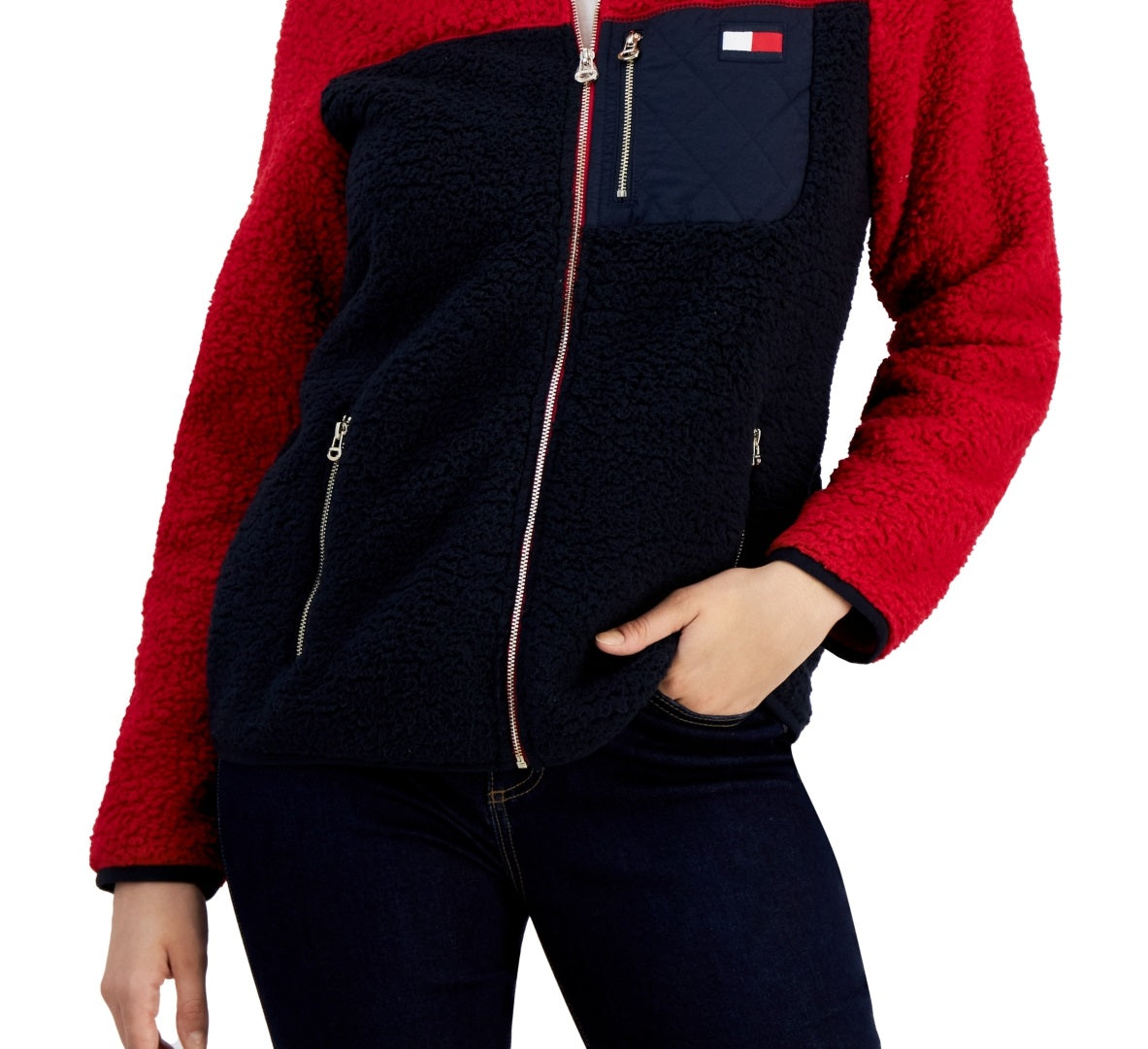 Tommy Hilfiger Women's Colorblocked Zip Up Jacket Red Size X-Large