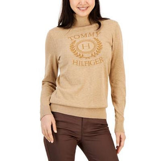 Tommy Hilfiger Women's Tonal Crest Logo Stella Cotton Sweater Brown Size Large