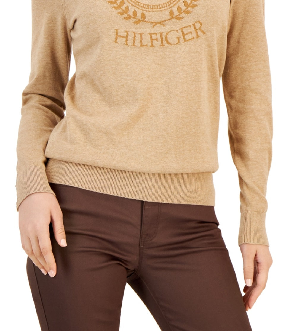 Tommy Hilfiger Women's Tonal Crest Logo Stella Cotton Sweater Brown Size Large