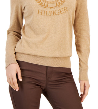 Tommy Hilfiger Women's Tonal Crest Logo Stella Cotton Sweater Brown Size Large