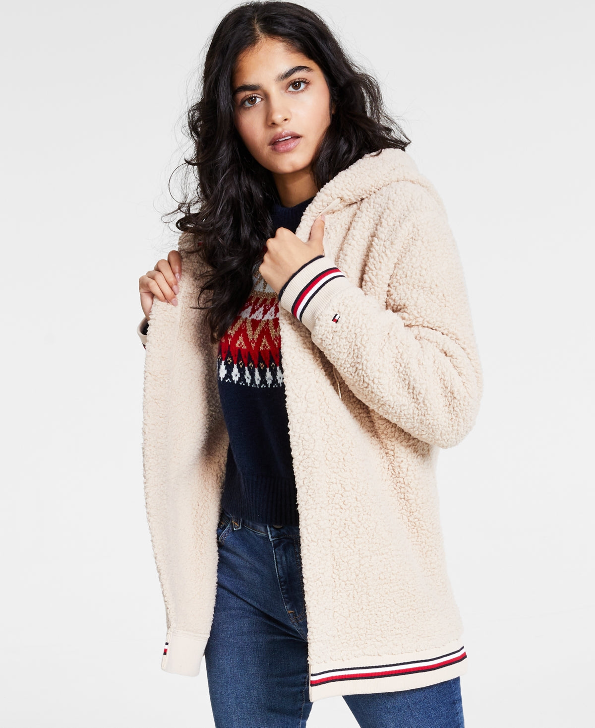 Tommy Hilfiger Women's Open Front Hooded Fleece Jacket Brown Size Large