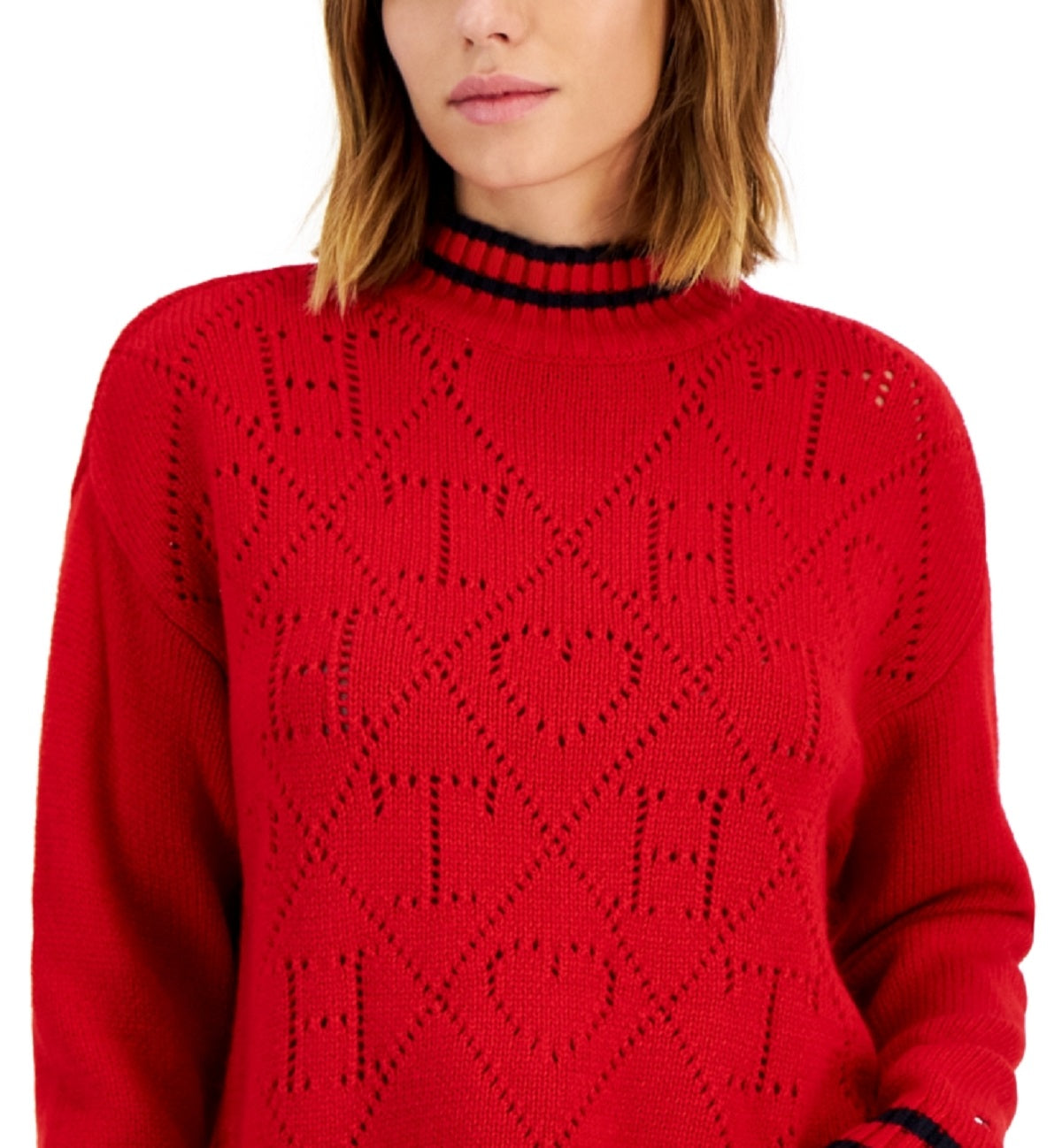 Tommy Hilfiger Women's Argyle Logo Mock Neck Sweater Red Size X-Large