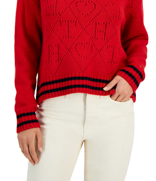 Tommy Hilfiger Women's Argyle Logo Mock Neck Sweater Red Size X-Large