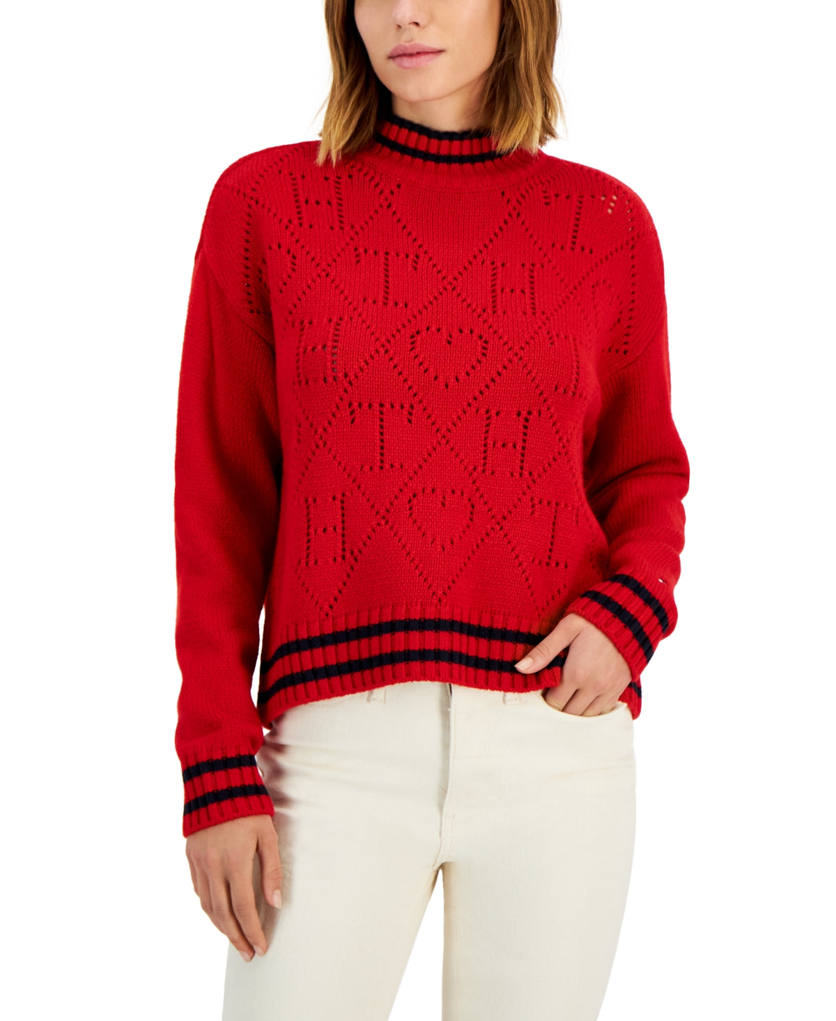 Tommy Hilfiger Women's Argyle Logo Mock Neck Sweater Red Size X-Large