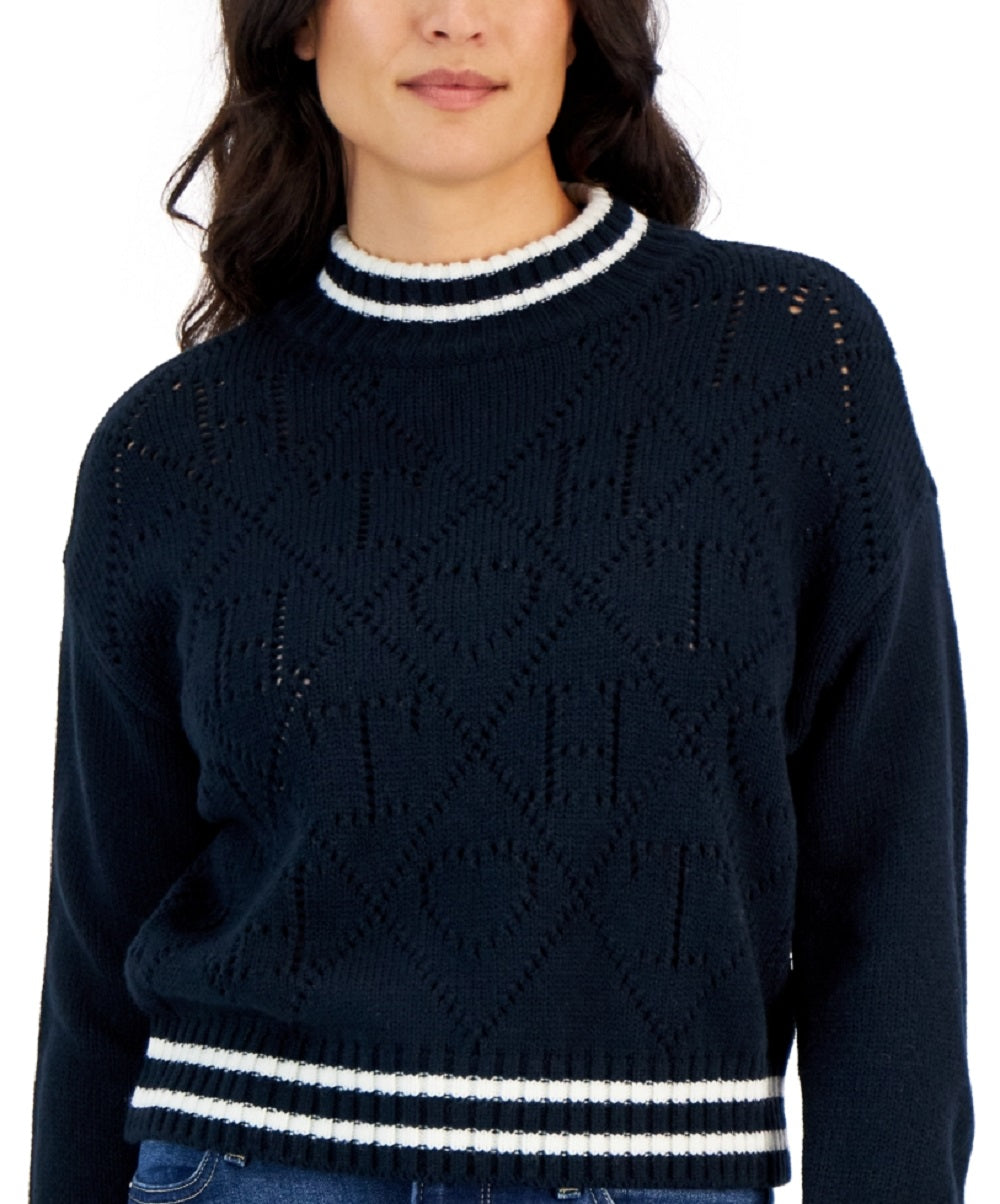 Tommy Hilfiger Women's Argyle Logo Mock Neck Sweater Blue Size Small