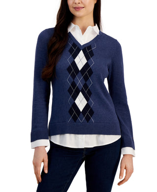 Tommy Hilfiger Women's Cotton Argyle Print Layered Look Sweater Blue Size X-Large
