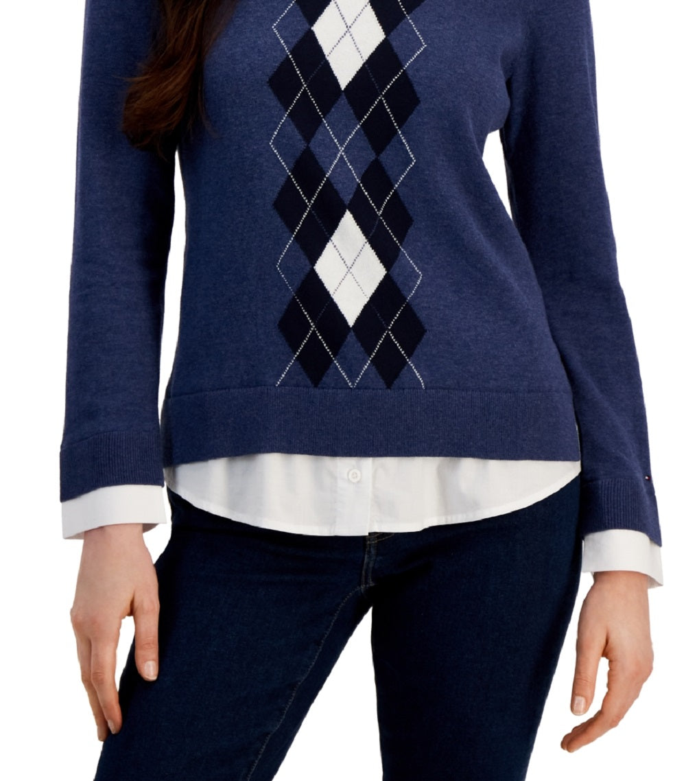 Tommy Hilfiger Women's Cotton Argyle Print Layered Look Sweater Blue Size X-Large